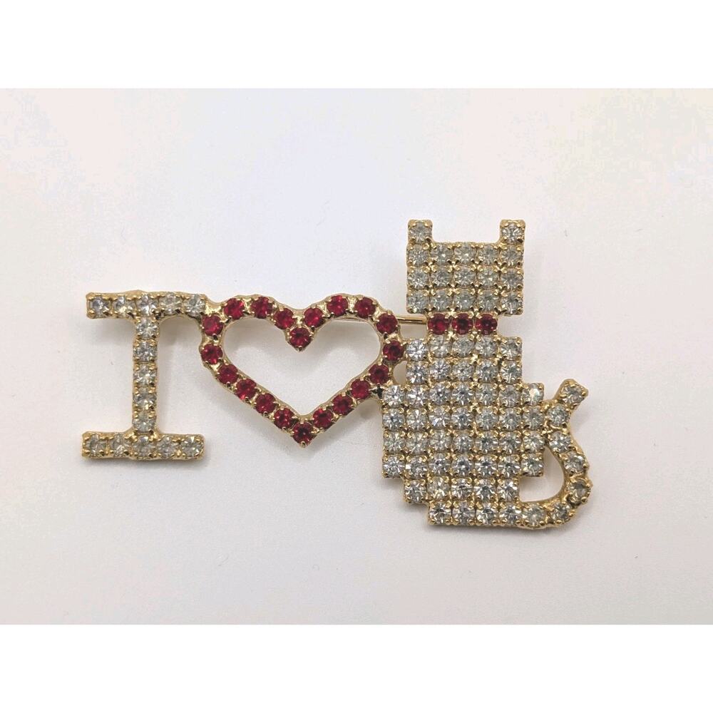 Vintage Dorothy Bauer Signed Rhinestone "I Love Cats" Gold Tone Brooch